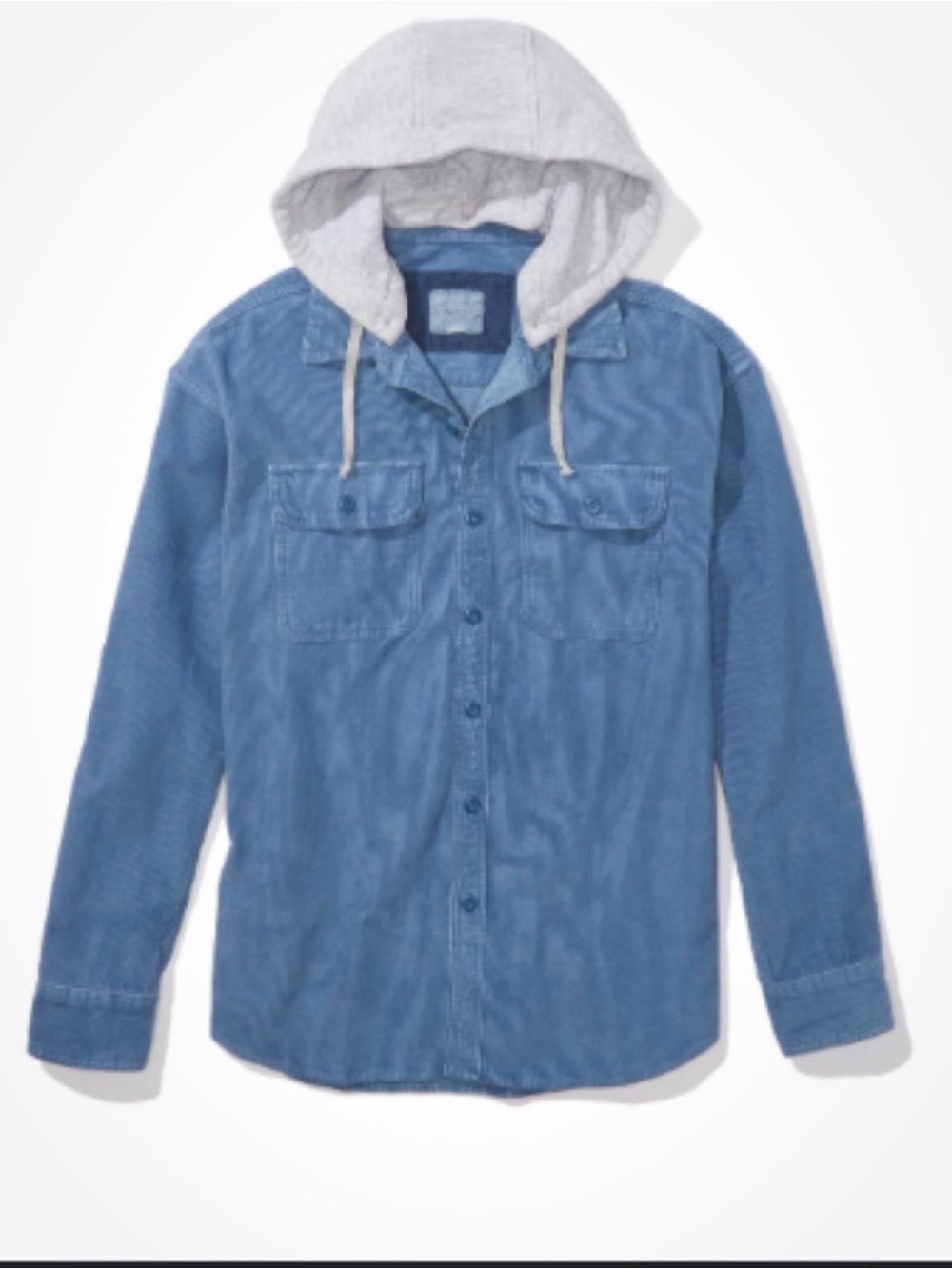 American Eagle Outfitters Men’s light blue corduroy shirt with grey hood